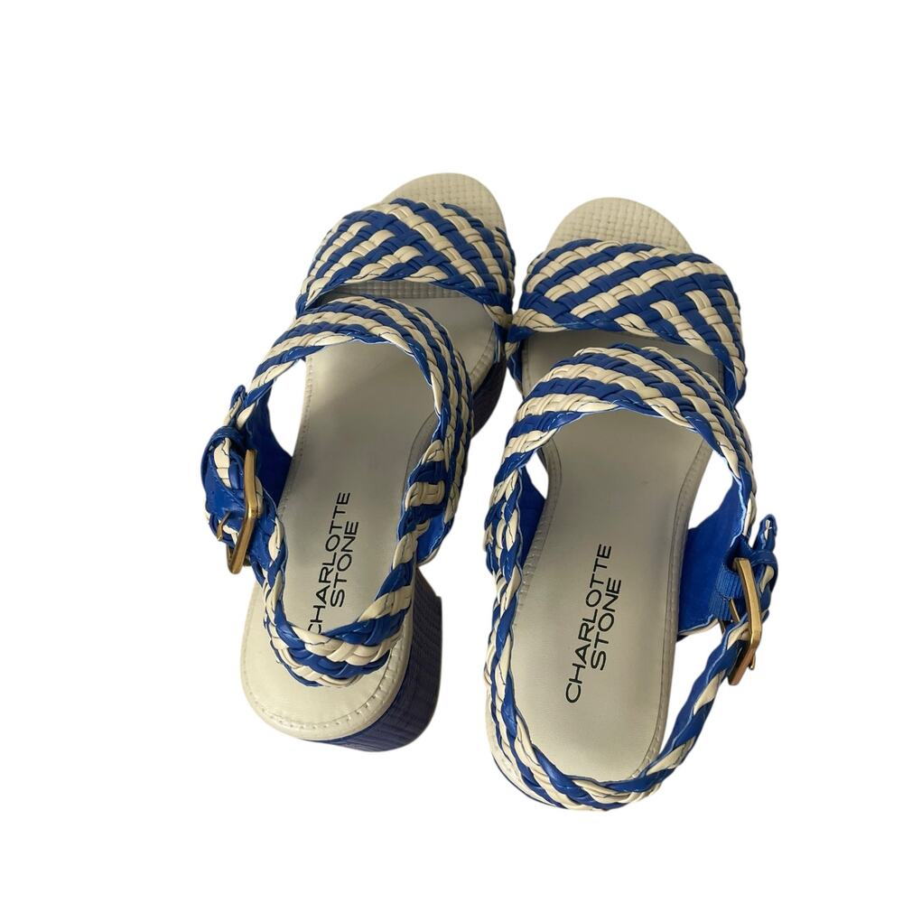 Charlotte Stone Woven Blue and Cream Heels - Picture 5 of 7